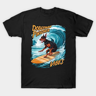 Doberman Pinscher Surfer Riding Tropical Wave T-Shirt